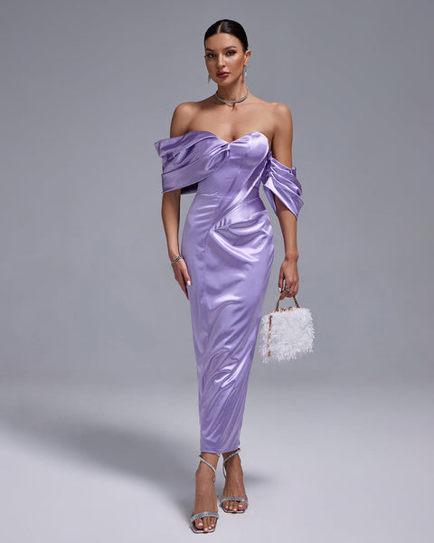 Elegant Lavender Satin Dress with Shoulder-Free Design and Mid-Length