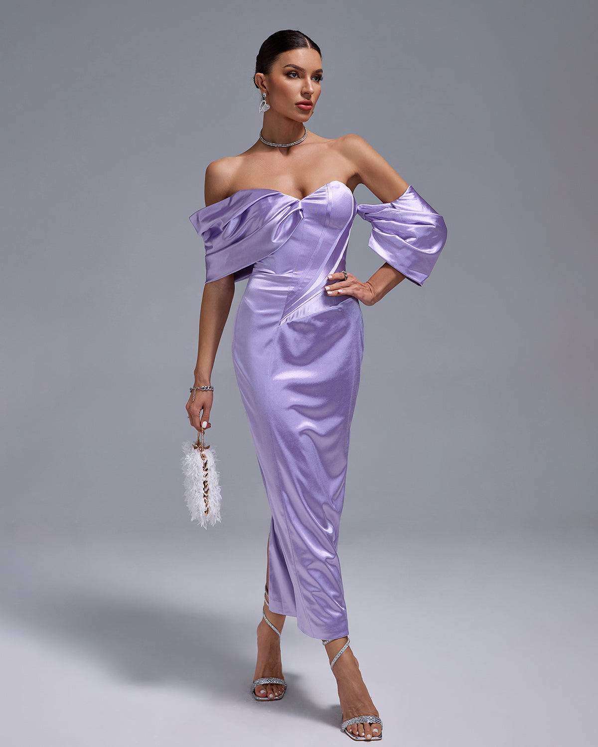 Gray Marceau — Elegant Lavender Satin Dress with Shoulder-Free Design and Mid-Length, alternate view 3