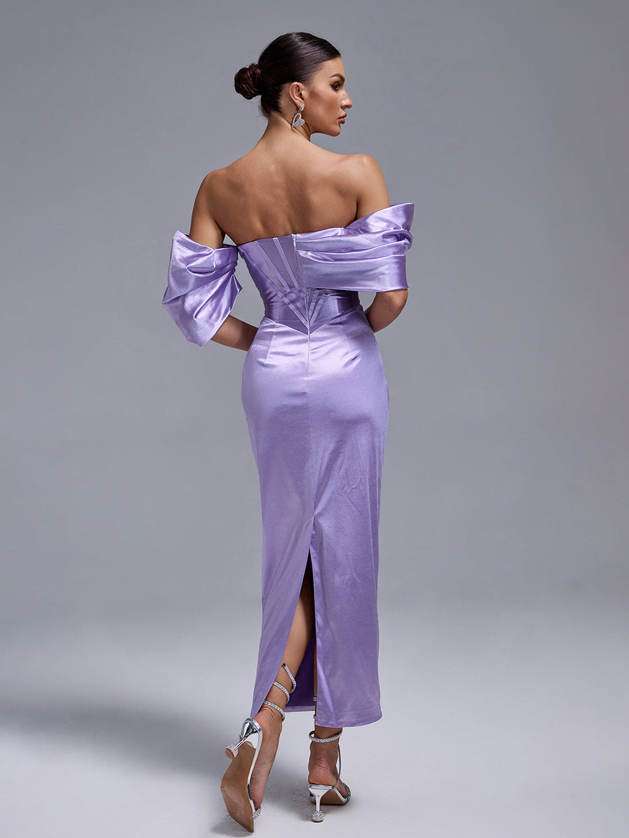 Elegant Lavender Satin Dress with Shoulder-Free Design and Mid-Length