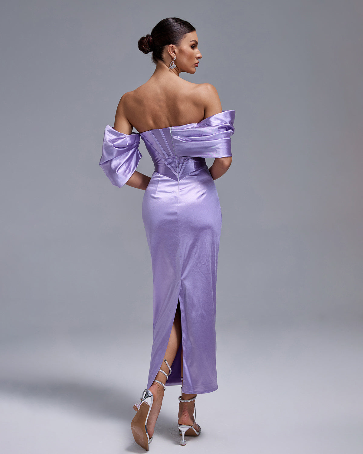 Gray Marceau — Elegant Lavender Satin Dress with Shoulder-Free Design and Mid-Length, alternate view 4