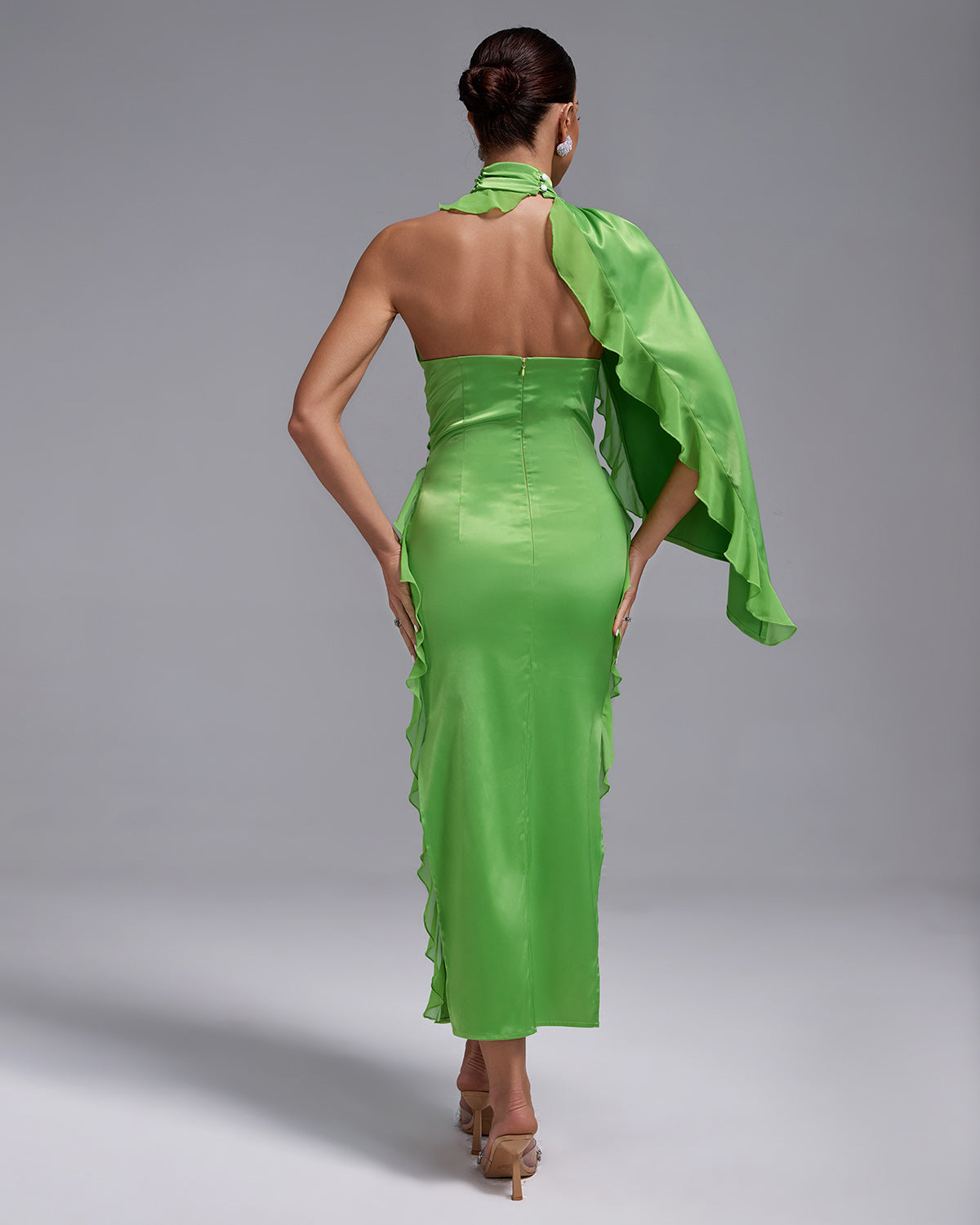 Ivory Marceau — Asymmetric Satin Dress with Ruched and Ruffled Details, alternate view 4
