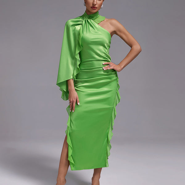 Asymmetric Ruffle Ruched Satin Dress