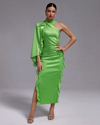 Ivory Marceau — Asymmetric Satin Dress with Ruched and Ruffled Details