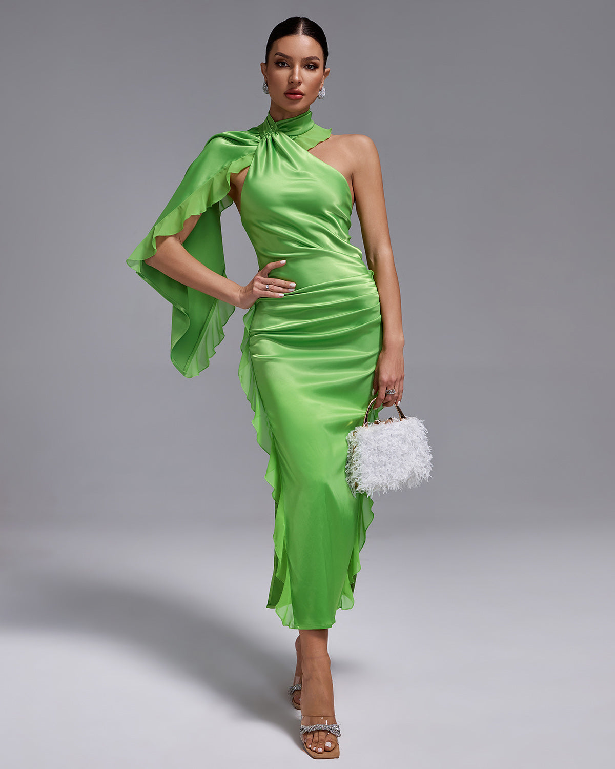 Ivory Marceau — Asymmetric Satin Dress with Ruched and Ruffled Details, alternate view 3