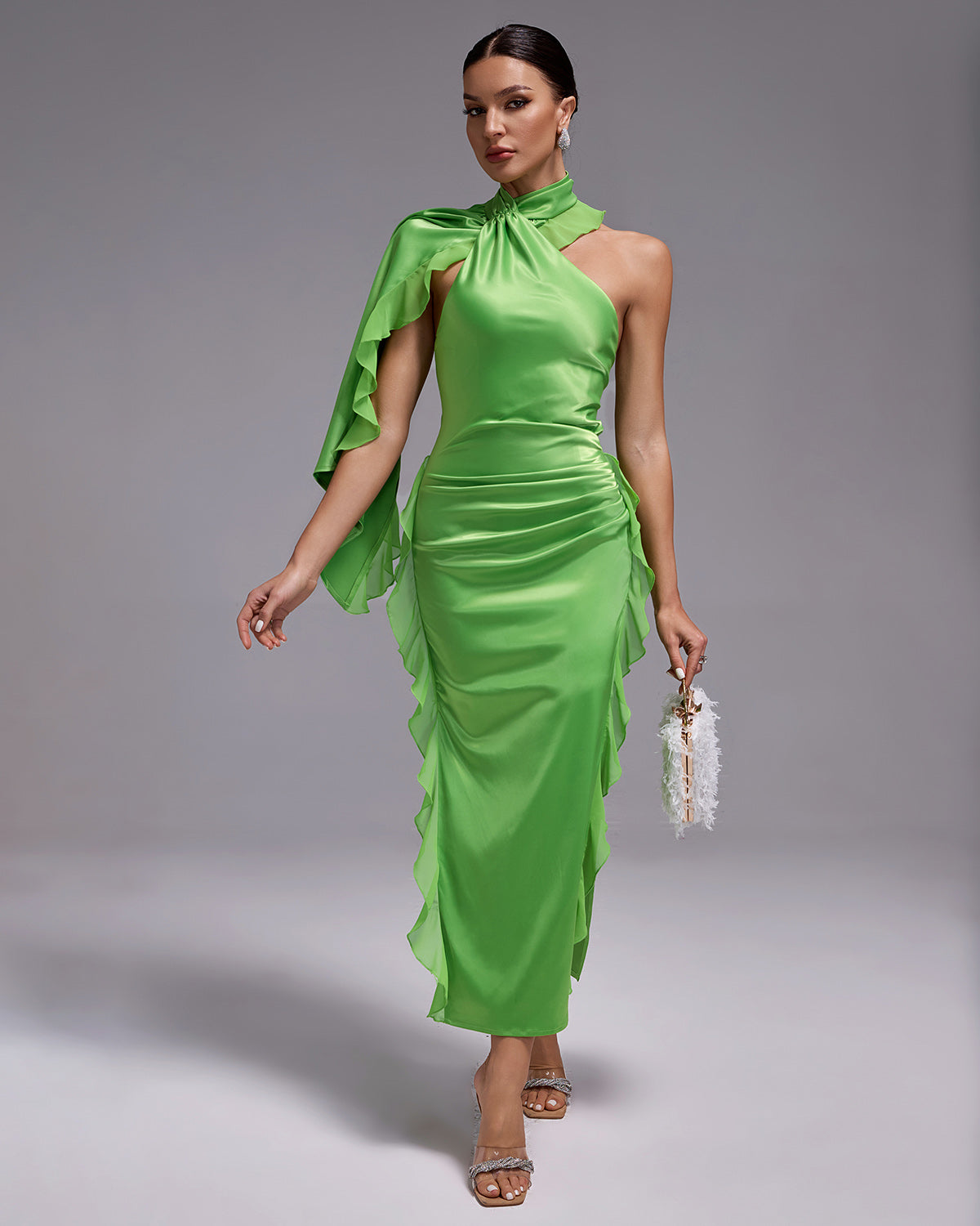 Ivory Marceau — Asymmetric Satin Dress with Ruched and Ruffled Details, alternate view 2