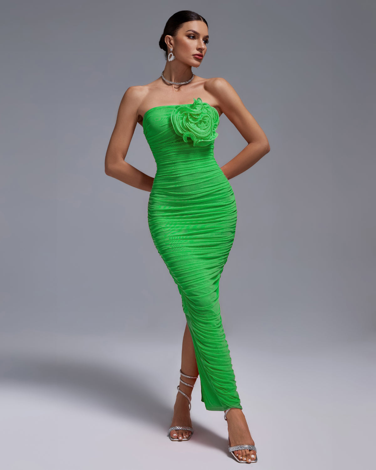 Rafaela — Open Back Ruched Flower Bodycon Dress, alternate view 10