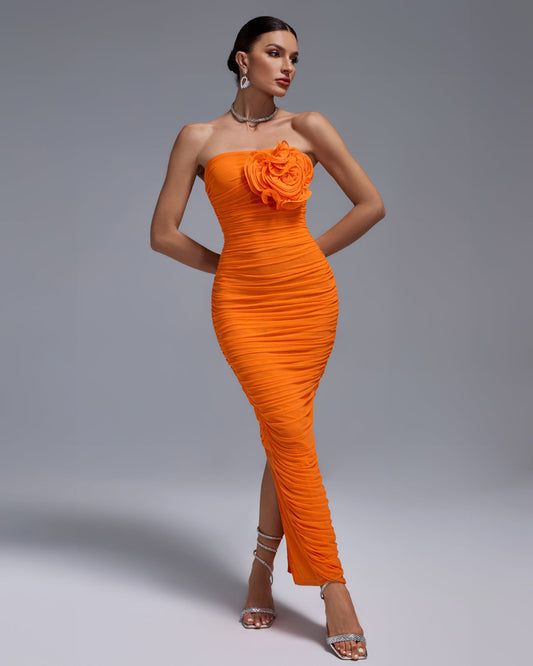 Open Back Ruched Flower Bodycon Dress - Opulent Empire