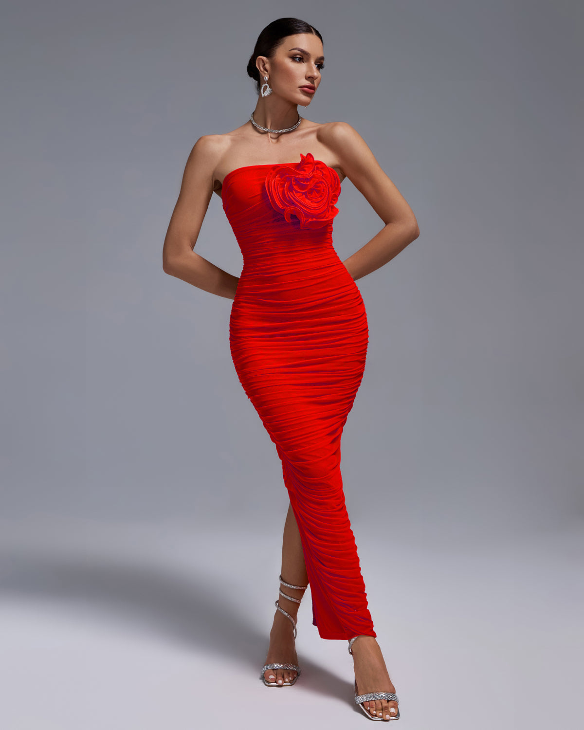 Rafaela — Open Back Ruched Flower Bodycon Dress, alternate view 9