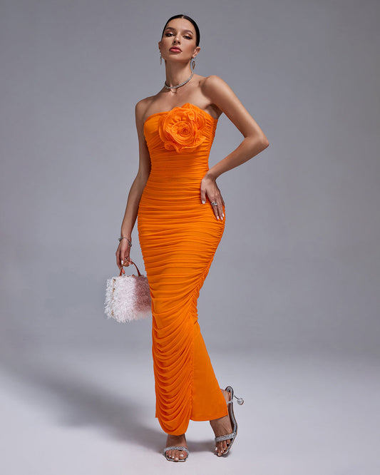 Open Back Ruched Flower Bodycon Dress - Opulent Empire