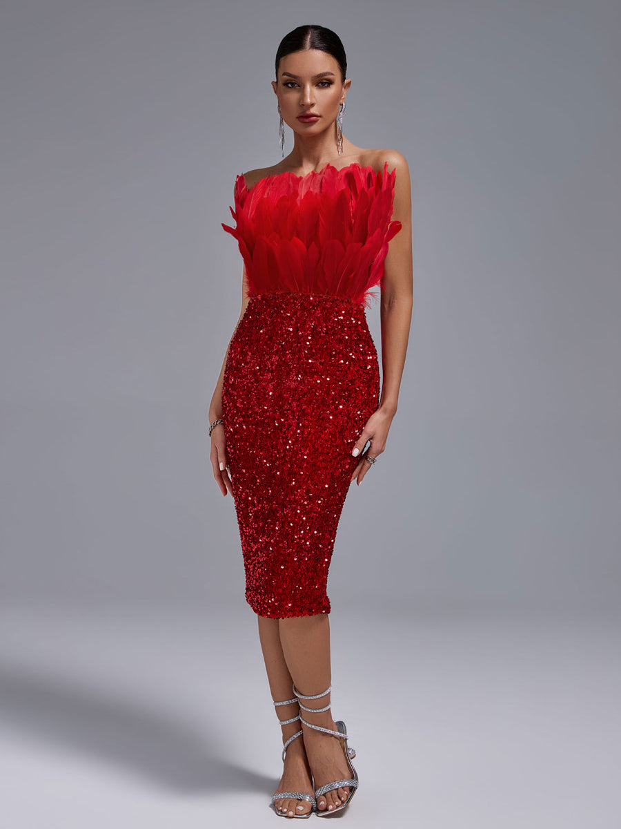 Sexy Strapless Feather Sequin Bodycon Dress