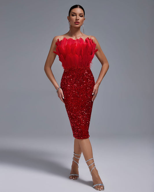 Sexy Strapless Feather Sequin Bodycon Dress - Opulent Empire