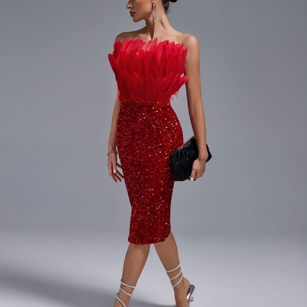 Sexy Strapless Feather Sequin Bodycon Dress