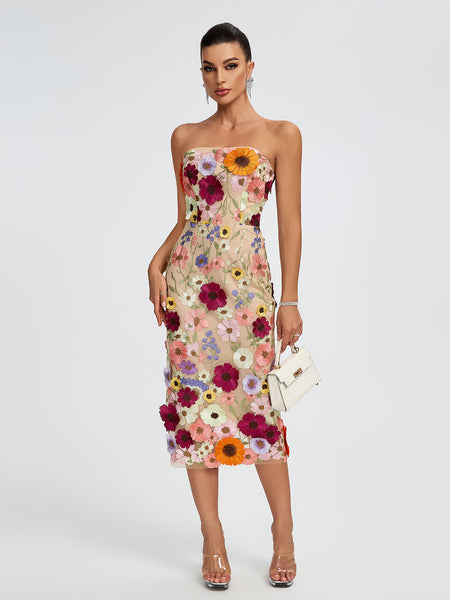 Maraya Strapless Floral Applique Midi Dress