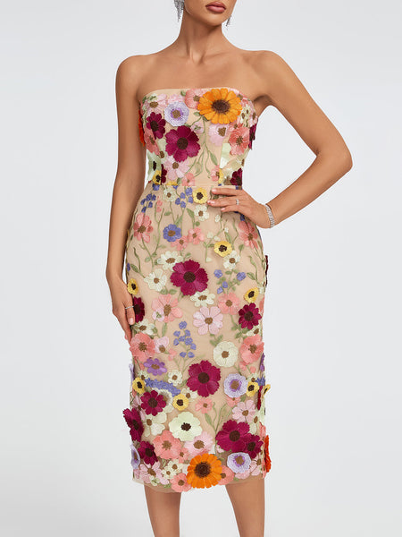 Maraya Strapless Floral Applique Midi Dress