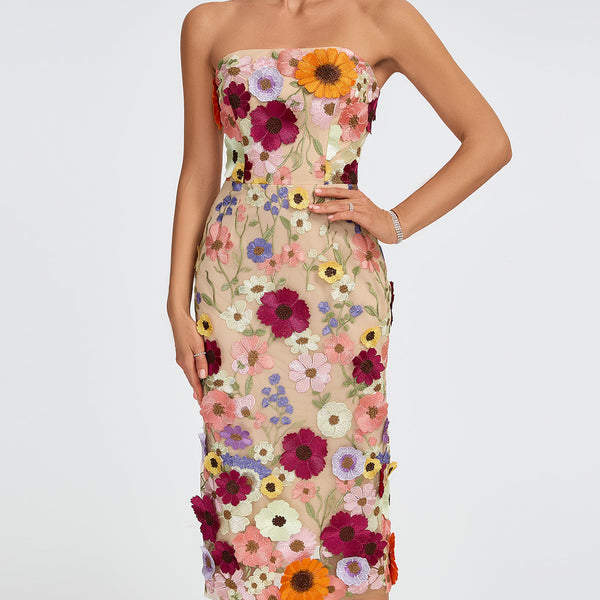 Maraya Strapless Floral Applique Midi Dress