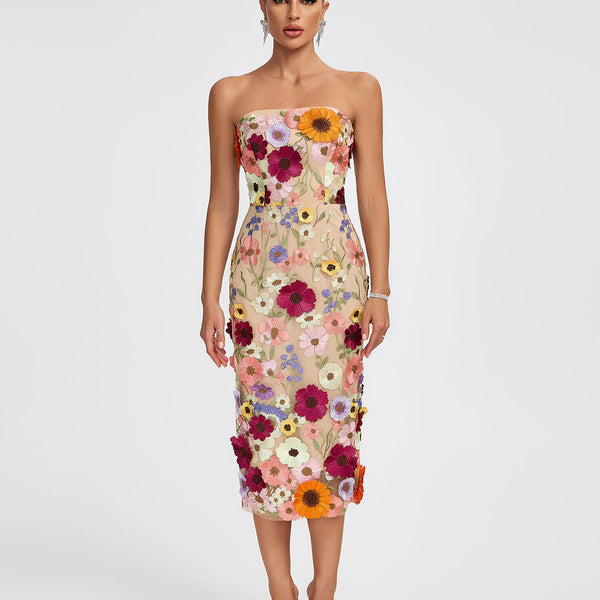 Maraya Strapless Floral Applique Midi Dress