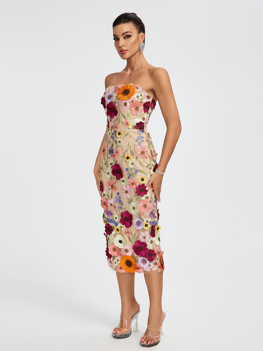 Maraya Strapless Floral Applique Midi Dress