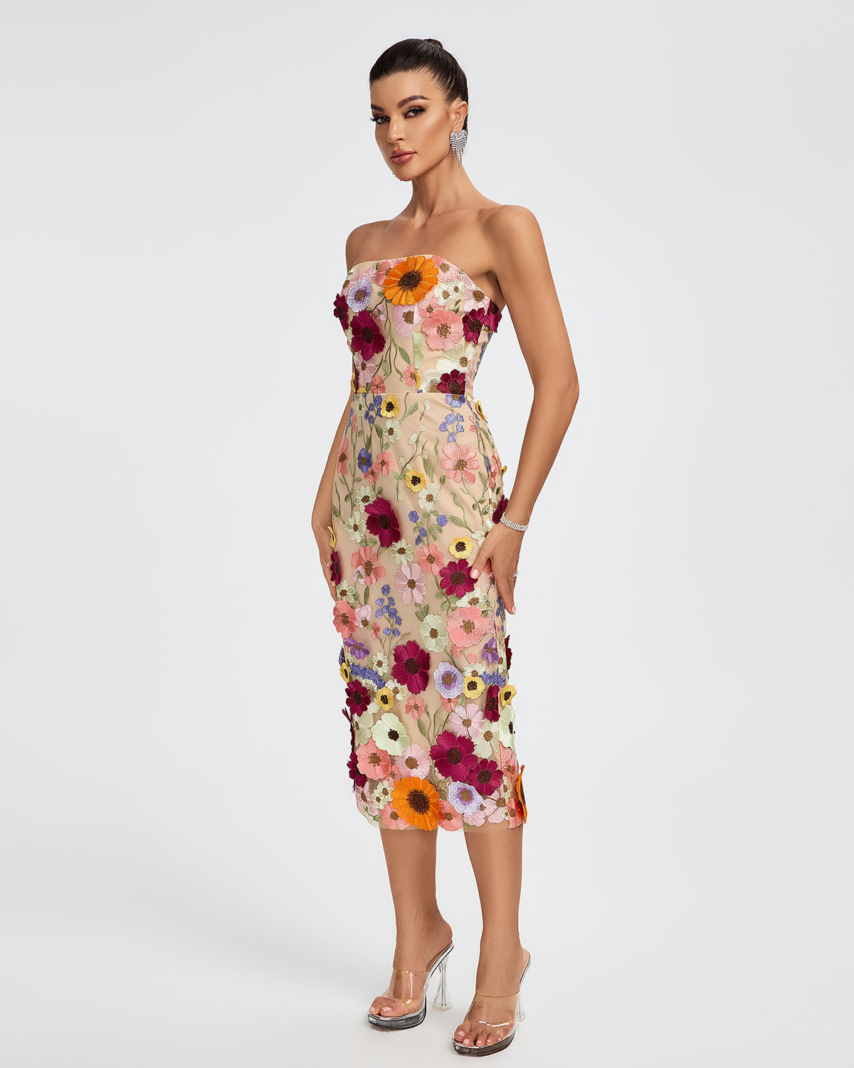 Maraya Strapless Floral Applique Midi Dress