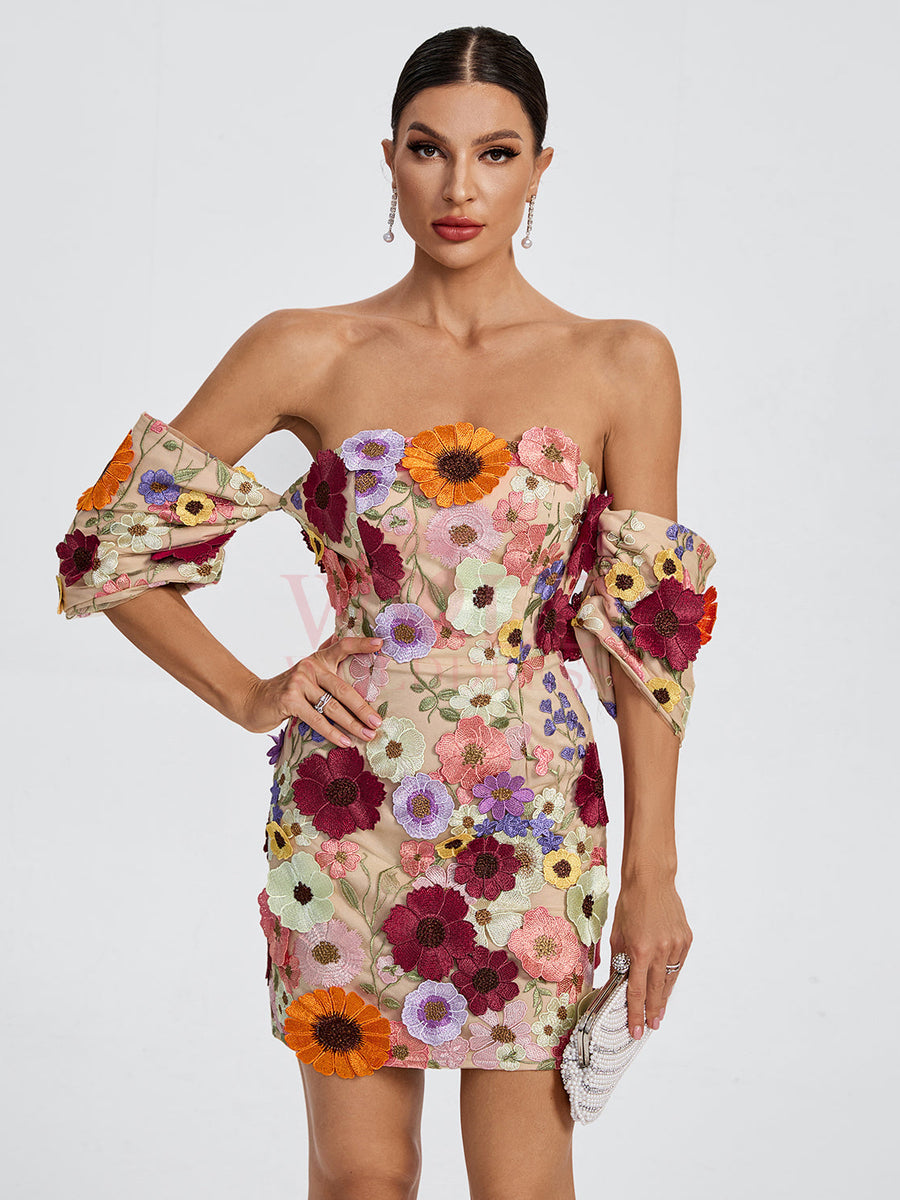 Off Shoulder Floral Embellished Mini Dress