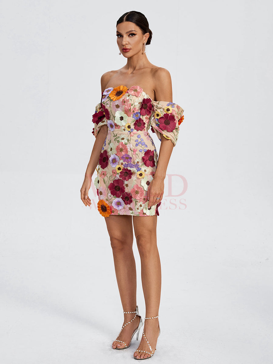 Off Shoulder Floral Embellished Mini Dress