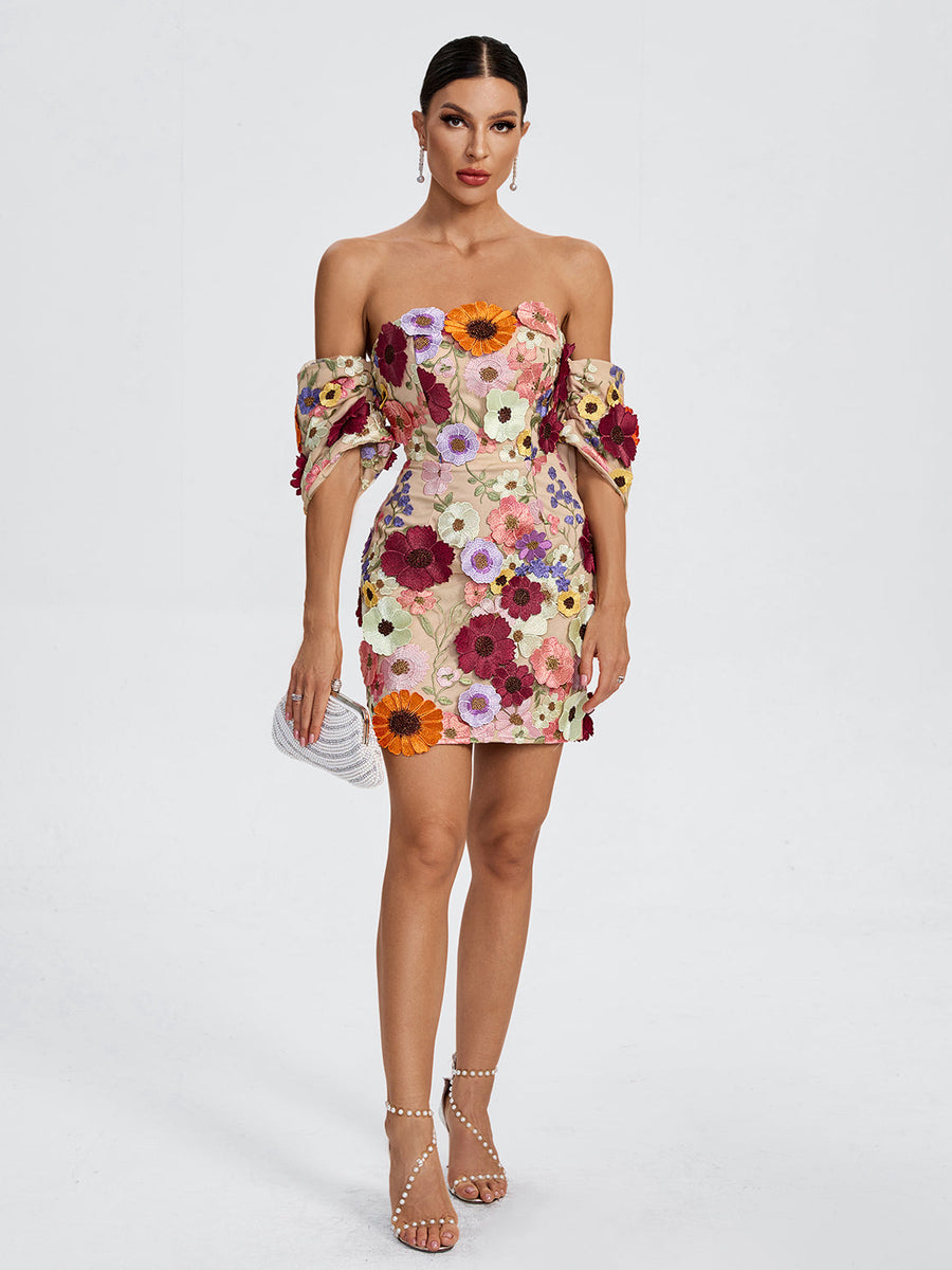 Off Shoulder Floral Embellished Mini Dress