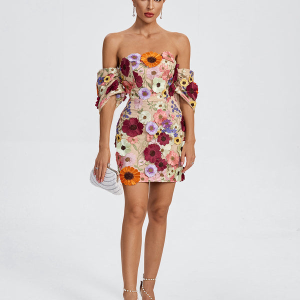 Off Shoulder Floral Embellished Mini Dress