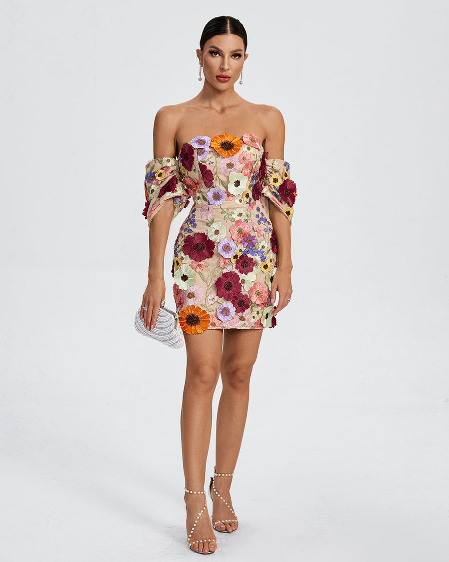 Emery Lefèvre — Off Shoulder Floral Embellished Mini Dress