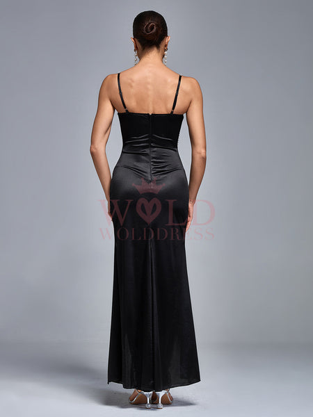 Satin slip dress with pearl straps, high slit, and elegant drape