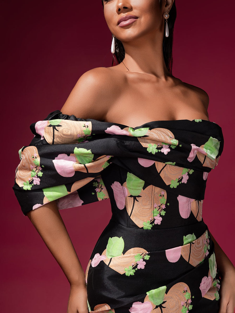 Floral Jacquard Backless Midi Dress - Opulent Empire