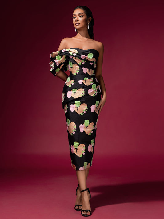 Floral Jacquard Backless Midi Dress - Opulent Empire