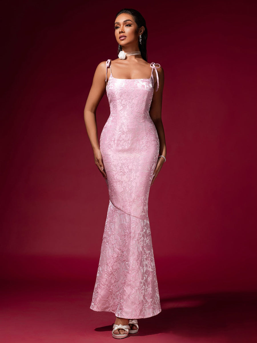 Pink Jacquard Strap Evening Dress - Opulent Empire