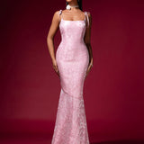 Pink Jacquard Strap Evening Dress - Opulent Empire