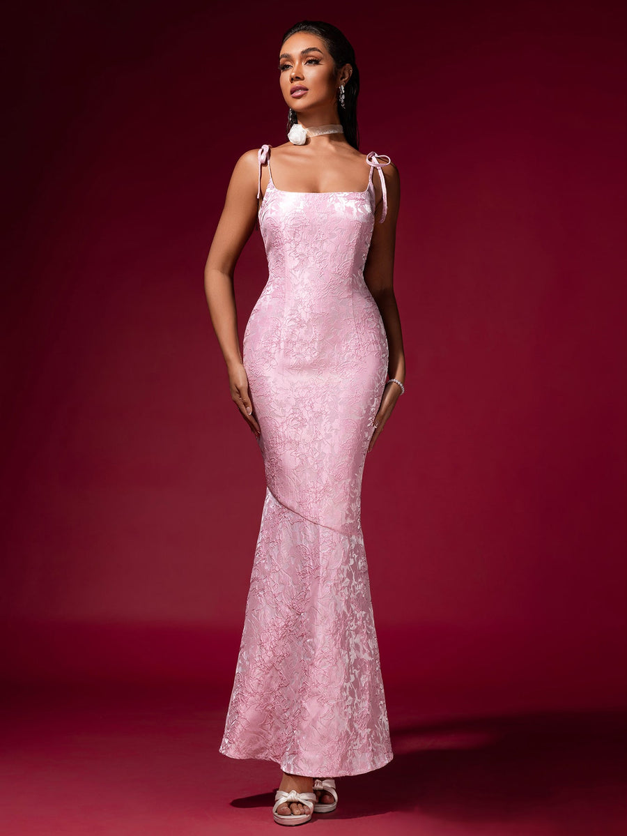 Harbor Montclair — Pink Jacquard Strap Evening Dress