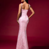 Pink Jacquard Strap Evening Dress - Opulent Empire