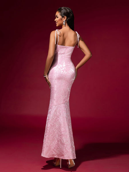 Pink Jacquard Strap Evening Dress - Opulent Empire