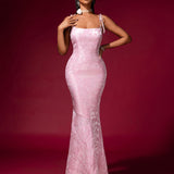 Pink Jacquard Strap Evening Dress - Opulent Empire