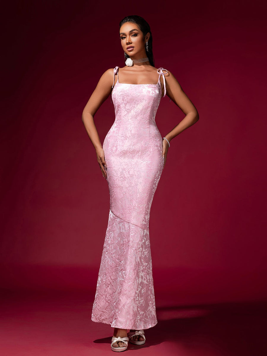 Pink Jacquard Strap Evening Dress - Opulent Empire