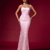Pink Jacquard Strap Evening Dress - Opulent Empire