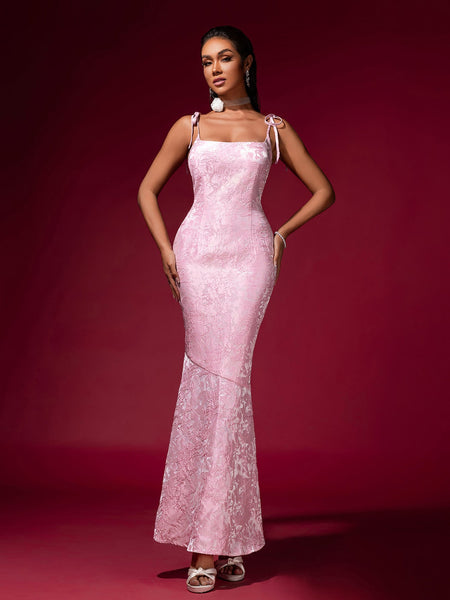 Pink Jacquard Strap Evening Dress - Opulent Empire