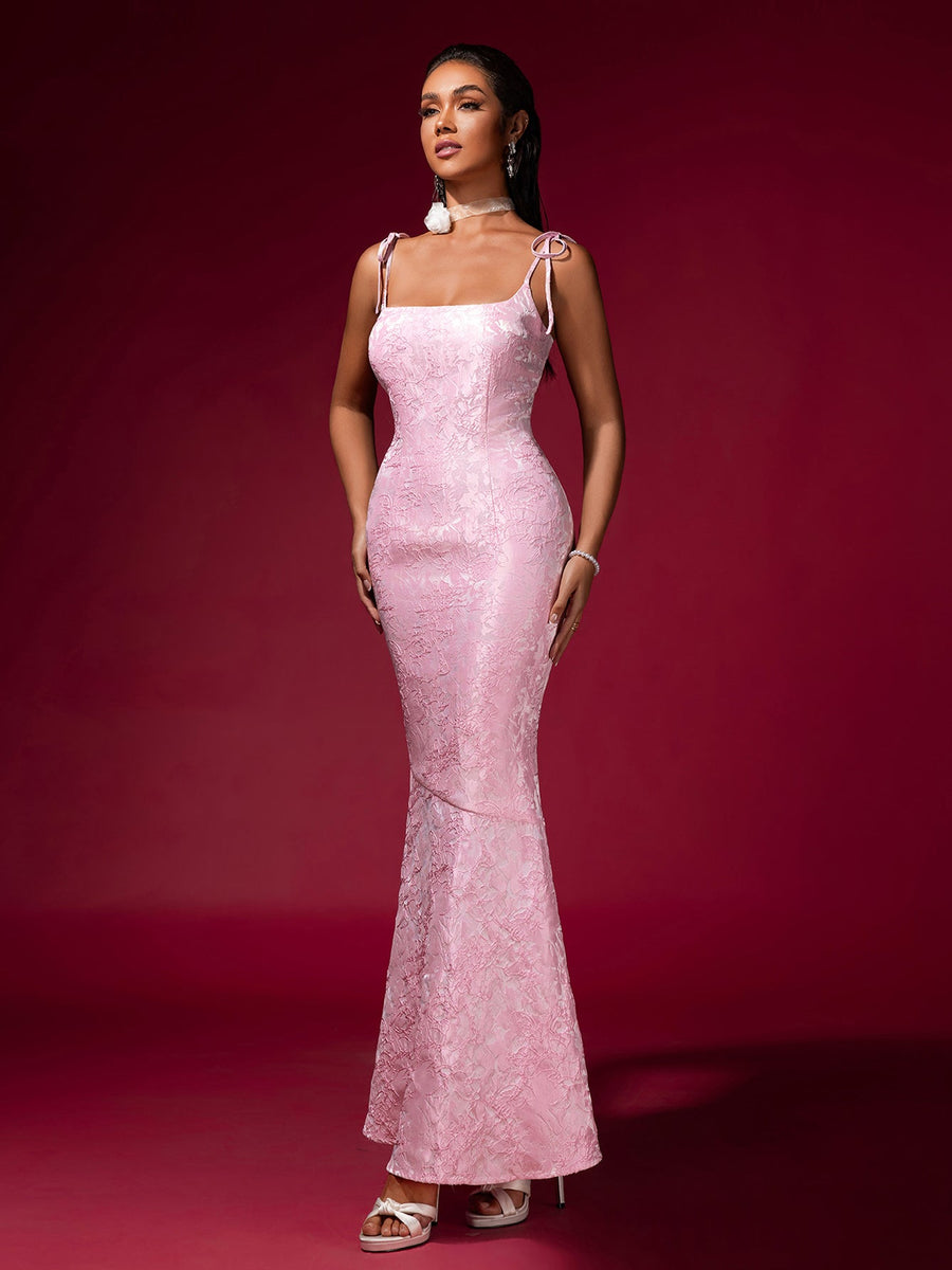 Pink Jacquard Strap Evening Dress - Opulent Empire