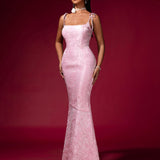 Pink Jacquard Strap Evening Dress - Opulent Empire