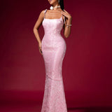 Pink Jacquard Strap Evening Dress - Opulent Empire