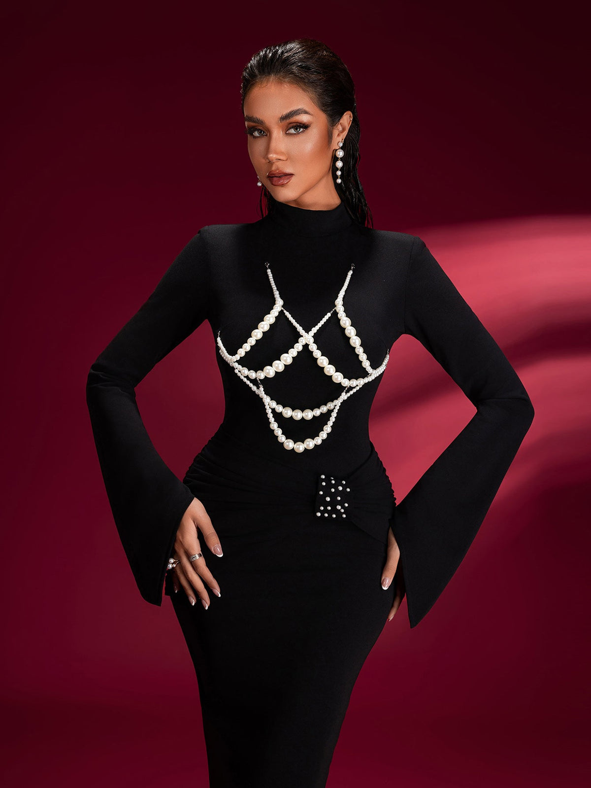 Nerissa Montclair — Pearl-embellished Knit Bodycon Dress