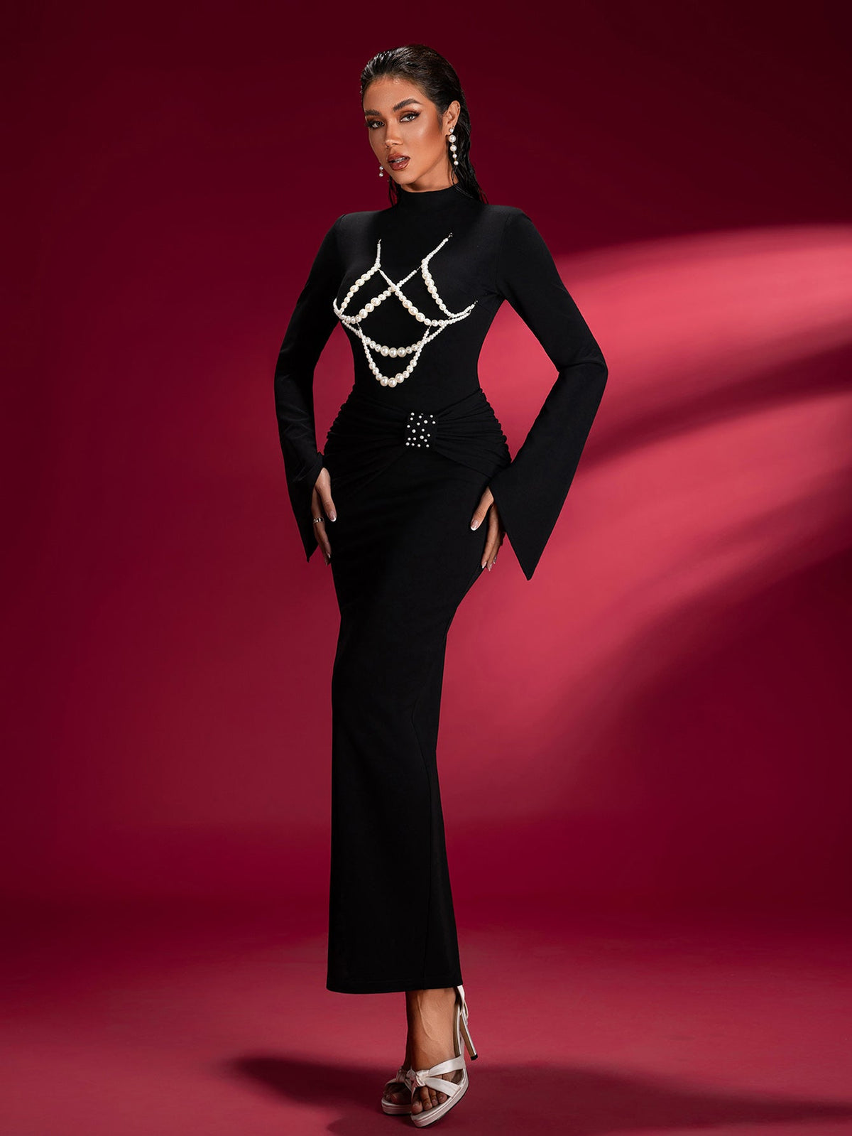 Pearl-embellished Knit Bodycon Dress