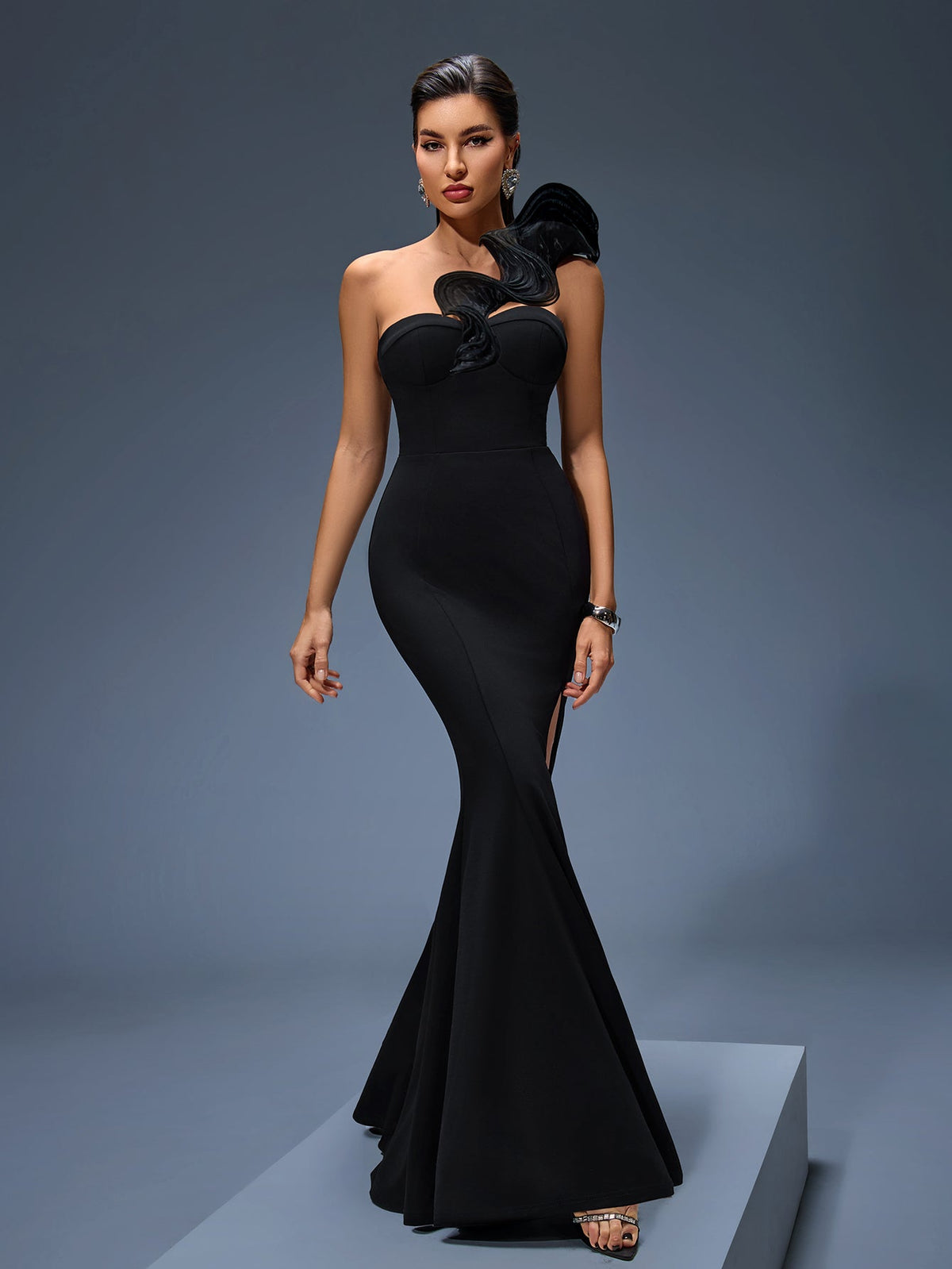 Elise Montclair — Elegant Ruffled Shoulder High-Slit Maxi Dress