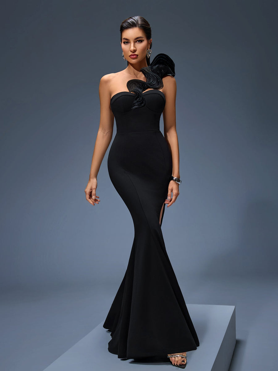 Elise Montclair — Elegant Ruffled Shoulder High-Slit Maxi Dress