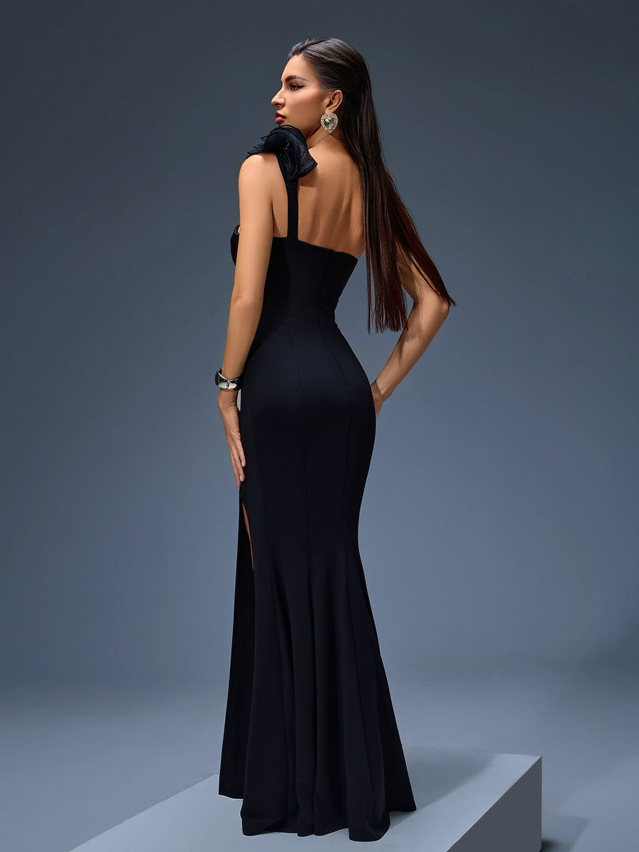 Elegant Ruffled Shoulder High-Slit Maxi Dress for a Stylish Look