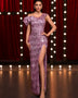 Purple Sequin High-Slit Pleated Dress