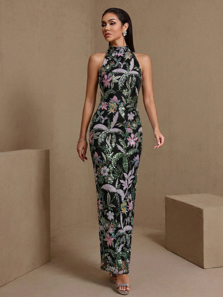 Maxikleid mit Blumenmuster und Pailletten