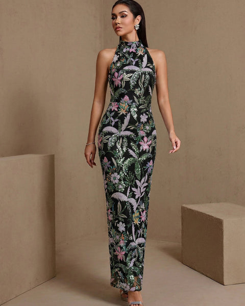 Maxikleid mit Blumenmuster und Pailletten